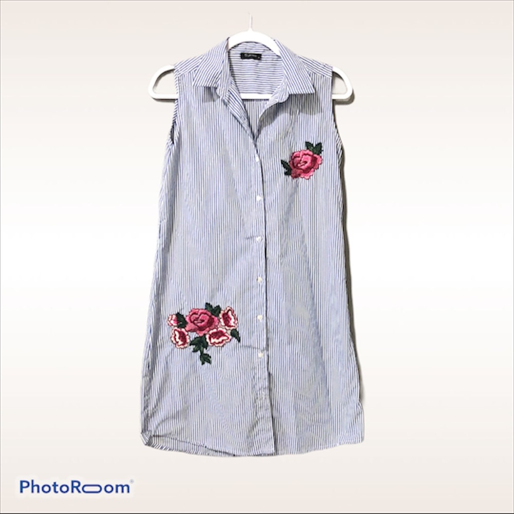 [Style House] Blue Striped Shirt Embroider Dress